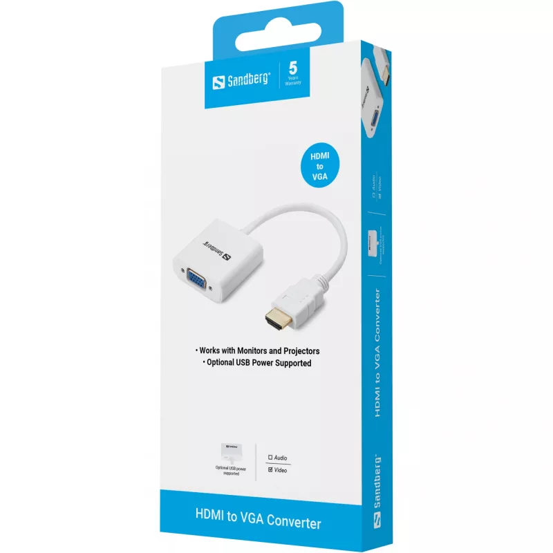 Sandberg HDMI-VGA-muundur, VGA (D-Sub), HDMI tüüp A (standard), isane, emane, valge, RoHS