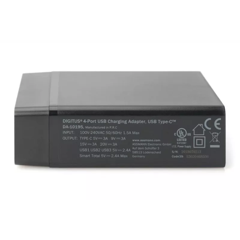 DIGITUS 4-pordiline USB-laadija, 72W 1x USB-C (PD) 5,9,15,20V/3A, 3x USB-A 5V/2.4A, must