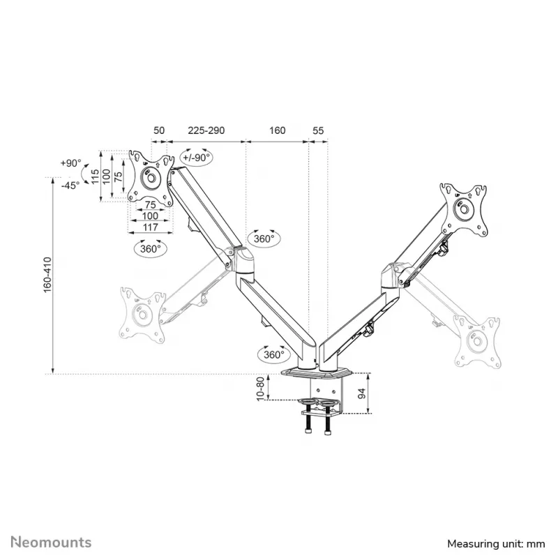 Neomounts DS70-700BL2 Monitor arm 17-27 inch - gas spring, Clamp, 7 kg, 43.2 cm (17 inch), 68.6 cm (27 inch), 100 x 100 mm, Must