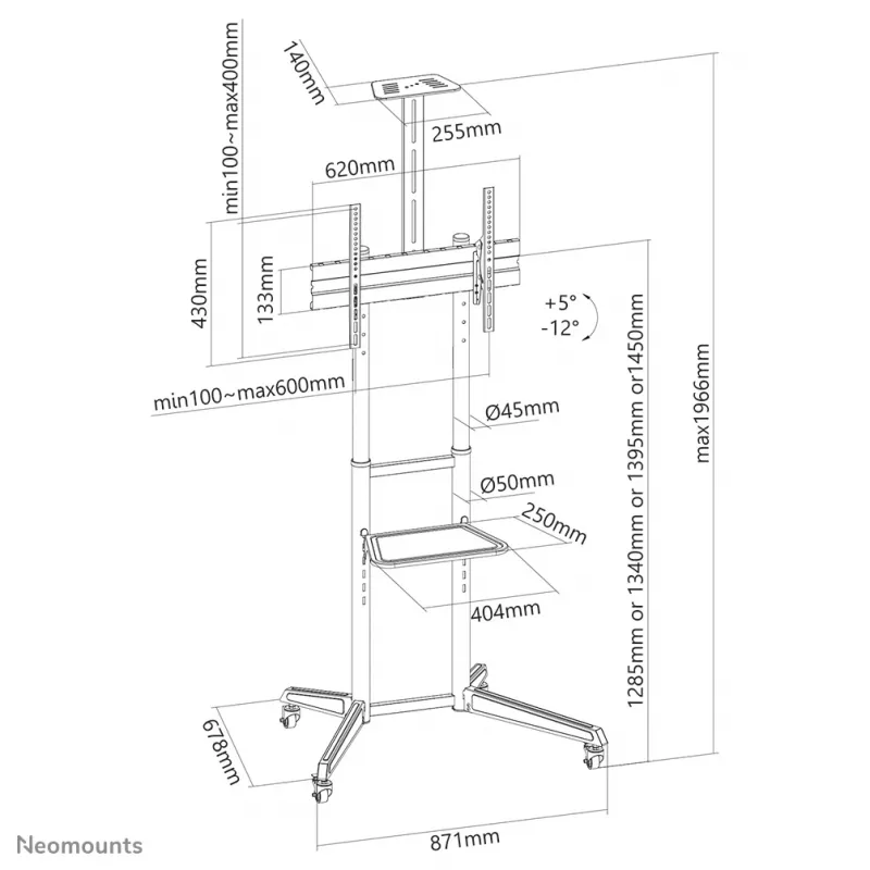 Neomounts FL50-550BL1 telerikäru 37-70 tolli, must, kaasaskantav põrandaalus, teras, 50 kg, 94 cm (37 tolli), 177,8 cm (70 tolli)