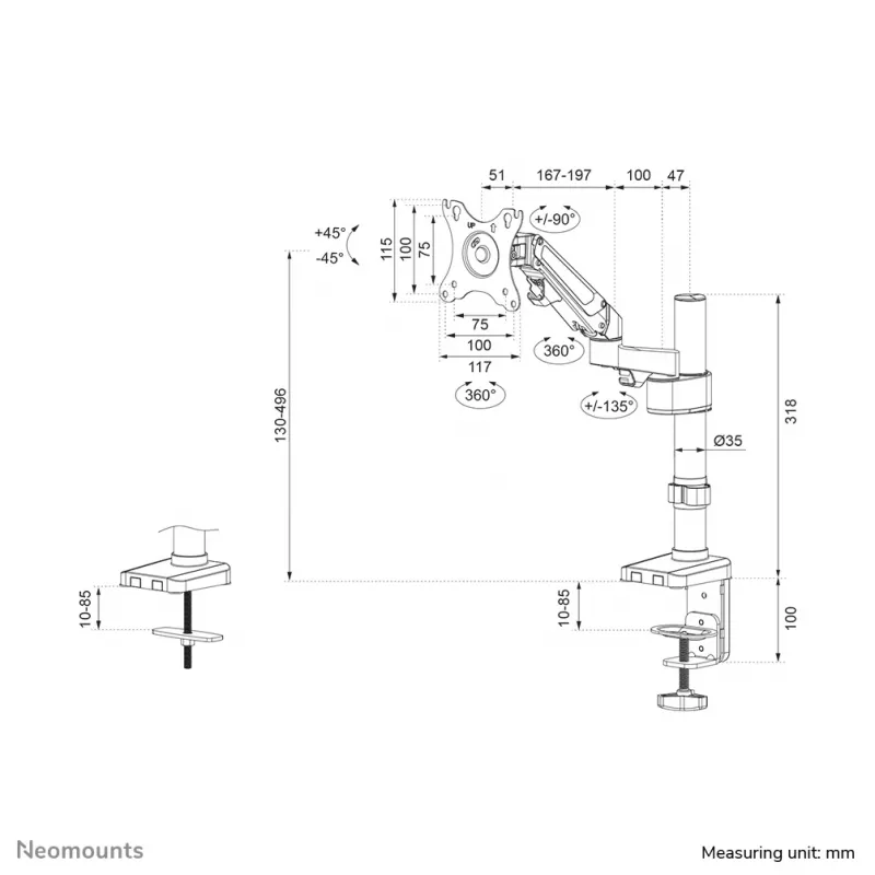 Neomounts DS70-750BL1 monitori käsi 17-27 tolli - gaasvedru, klamber/läbiviigukinnitus, 7 kg, 43,2 cm (17 tolli), 68,6 cm (27 tolli), 100 x 100 mm, must