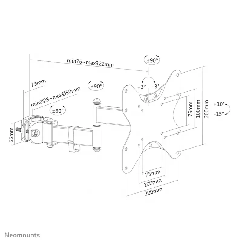 Neomounts FL40-450BL12 teleri postikinnitus 23-42 tolli - läbimõõt 28-50 mm - täisliigutus