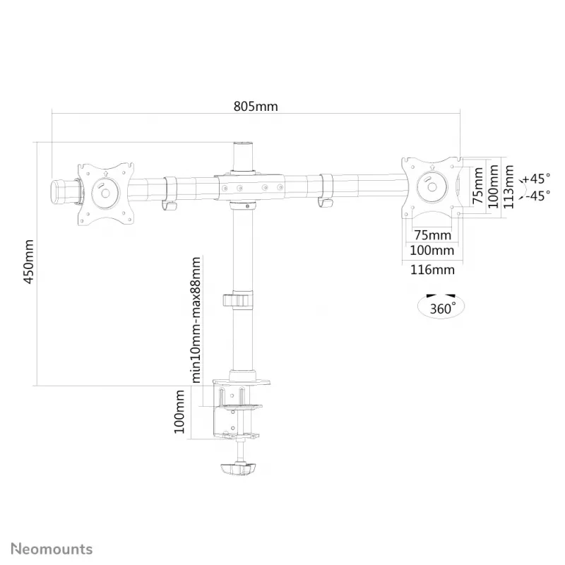 Neomounts FPMA-DCB100DMust monitorivaru 10-27 tolli, Klamber/Ava kinnitus, 10 kg, 25.4 cm (10 tolli), 68.6 cm (27 tolli), 100 x 100 mm, Must