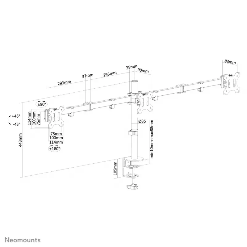 Neomounts FPMA-D550D3Must monitori kinnitusvarre 10-27 tolli, klamber/tihvt, 6 kg, 25,4 cm (10 tolli), 68,6 cm (27 tolli), 100 x 100 mm, must
