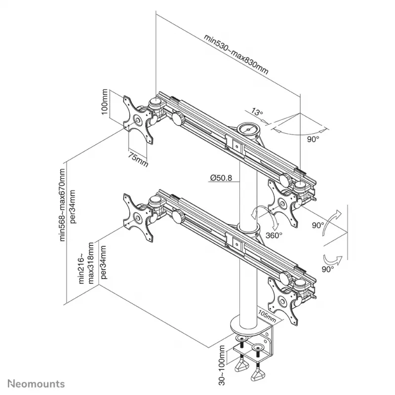 Neomounts FPMA-D700D4 monitori käepide 19-30 tolli, klamber, 8 kg, 48,3 cm (19 tolli), 76,2 cm (30 tolli), 100 x 100 mm, must