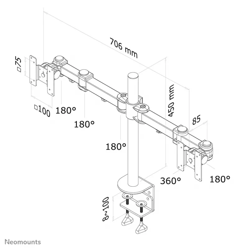 Neomounts FPMA-D960D monitori käsi 10-27 tolli, klamber, 8 kg, 25,4 cm (10 tolli), 68,6 cm (27 tolli), 100 x 100 mm, must