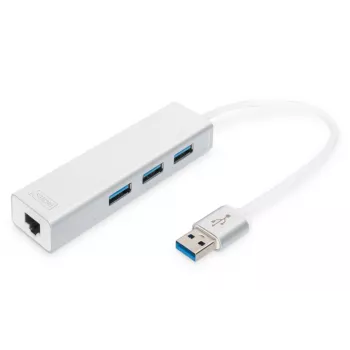 DIGITUS USB 3.0, 3-pordiline HUB ja Gigabit LAN adapter 3xUSB A/F, 1xUSB A/M, 1xRJ45 LAN Toetab Windowsi ja Mac OS-i