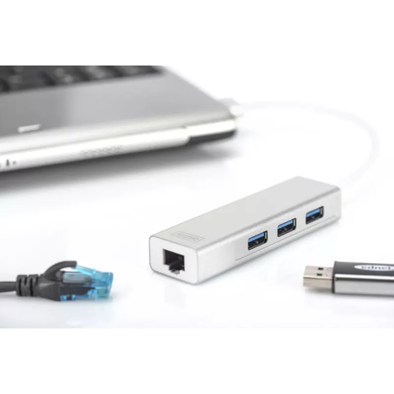DIGITUS USB 3.0, 3-pordiline HUB ja Gigabit LAN adapter 3xUSB A/F, 1xUSB A/M, 1xRJ45 LAN Toetab Windowsi ja Mac OS-i