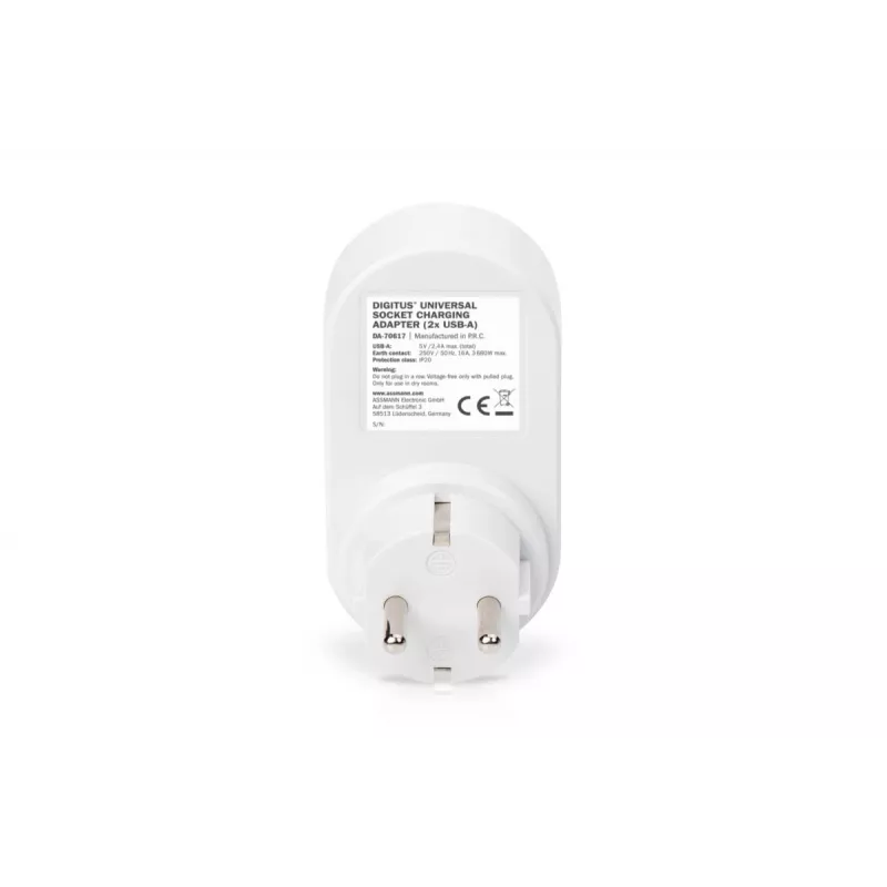 DIGITUS toiteadapter 2 USB-pordiga 250V, 50 Hz, USB: 5V, 2,1A, valge / hall