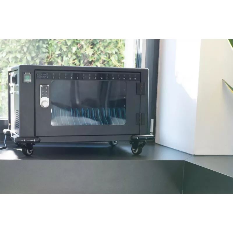 DIGITUS laadimiskär, 16 laadimisalust, 14in, must 384 x 550 x 375 mm, elektriline lukk, sisaldab USB-d, ventilaator
