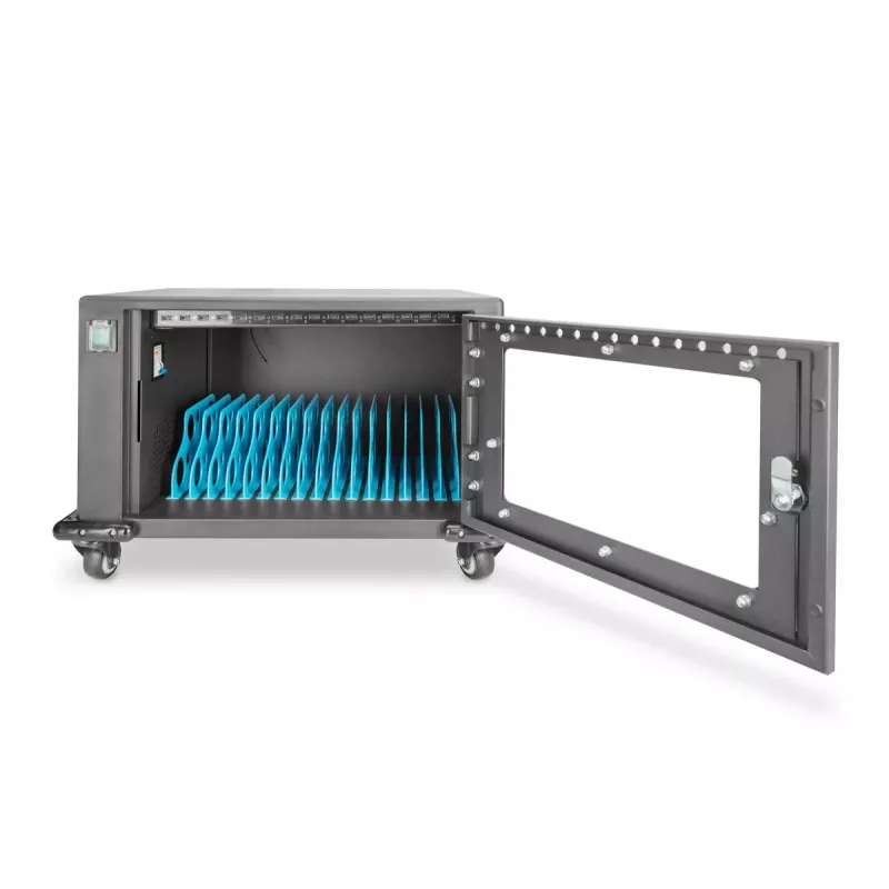 DIGITUS laadimiskär, 16 laadimisalust, 14in, must 384 x 550 x 375 mm, elektriline lukk, sisaldab USB-d, ventilaator