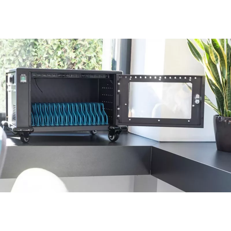 DIGITUS laadimiskär, 16 laadimisalust, 14in, must 384 x 550 x 375 mm, elektriline lukk, sisaldab USB-d, ventilaator