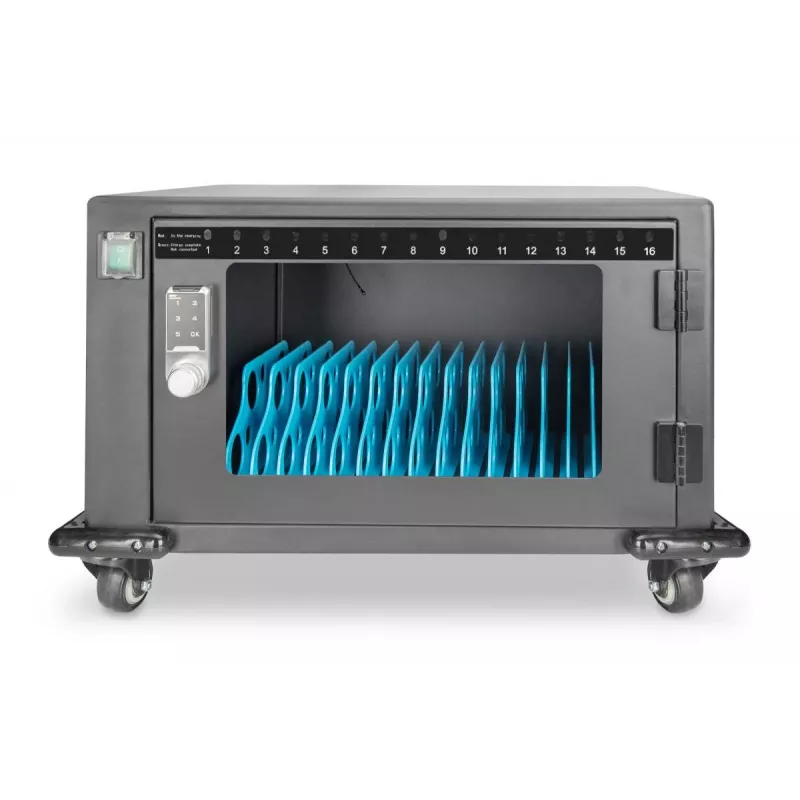 DIGITUS laadimiskär, 16 laadimisalust, 14in, must 384 x 550 x 375 mm, elektriline lukk, sisaldab USB-d, ventilaator