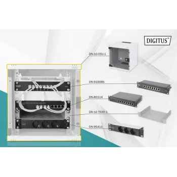 DIGITUS 10-tolline võrgukomplekt - 6U kapp, hall riiul, PDU, 8-pordiline kommutaator, CAT6 patch-paneel