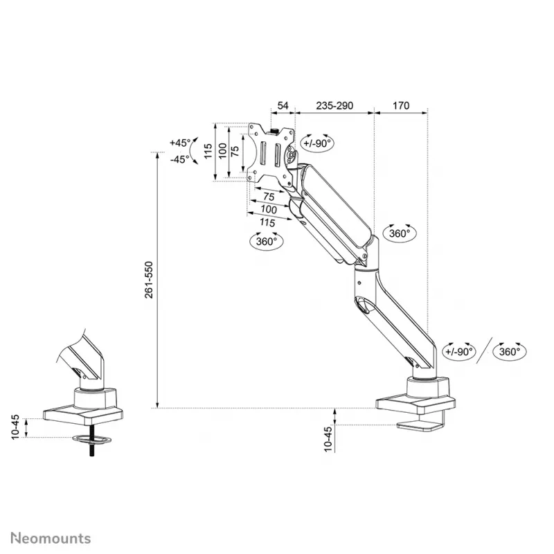 Neomounts DS70PLUS-450WH1 monitori käsi 17-49 tolli - gaasvedru - Topfix - 180°-stopp