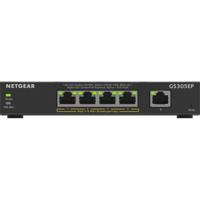 NETGEAR 5-pordine Gigabit Ethernet PoE+ Plus lüliti (GS305EP) hallatav L2/L3 Gigabit Ethernet (10/100/1000) Power over Ethernet (PoE) must