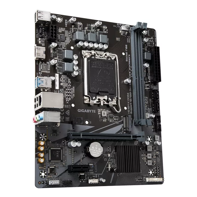 GIGABYTE H610M K DDR4 emaplaat – toetab Intel Core 14. põlvkonna protsessoreid, 3+1+1 faasiline hübriidtoitedisain, kuni 3200 MHz DDR4, 1x PCIe 3.0 M.2, GbE LAN, USB 3.2 Gen 1