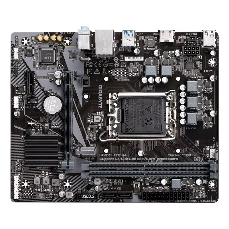GIGABYTE H610M K DDR4 emaplaat – toetab Intel Core 14. põlvkonna protsessoreid, 3+1+1 faasiline hübriidtoitedisain, kuni 3200 MHz DDR4, 1x PCIe 3.0 M.2, GbE LAN, USB 3.2 Gen 1
