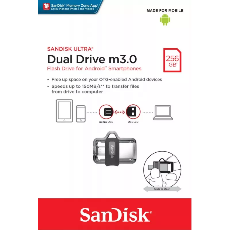 WESTERN DIGITAL SanDisk ULTRA DUAL DRIVE M3.0 - 256GB USB-mälupulk - micro-USB / USB 3.0