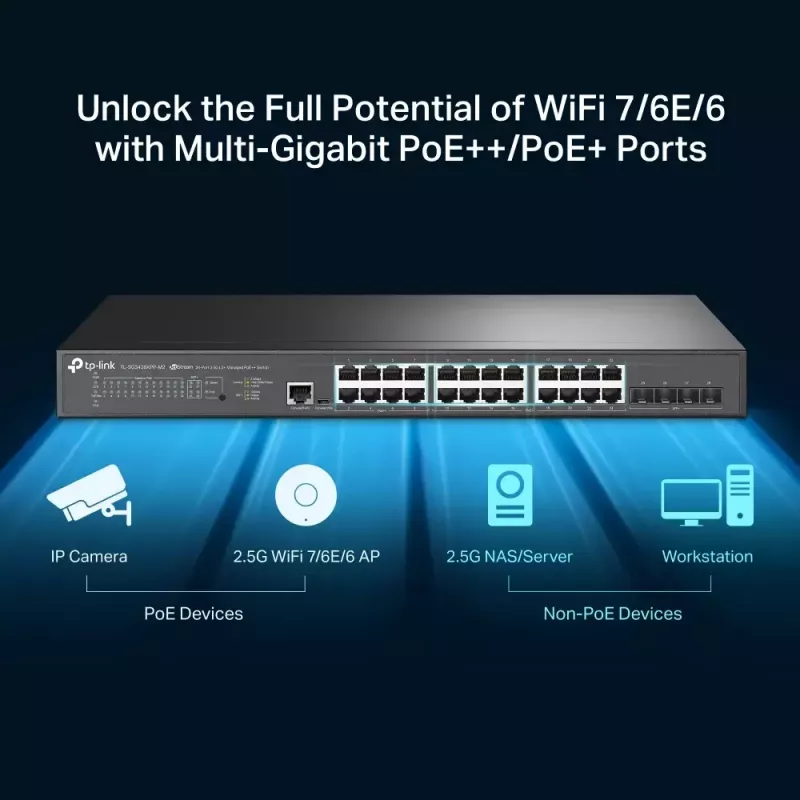 TP-Link Omada 24-portine 2.5GBASE-T ja 4-portine 10GE SFP+ L2+ hallatav kommutaator 16 PoE+ ja 8 PoE++ pordiga