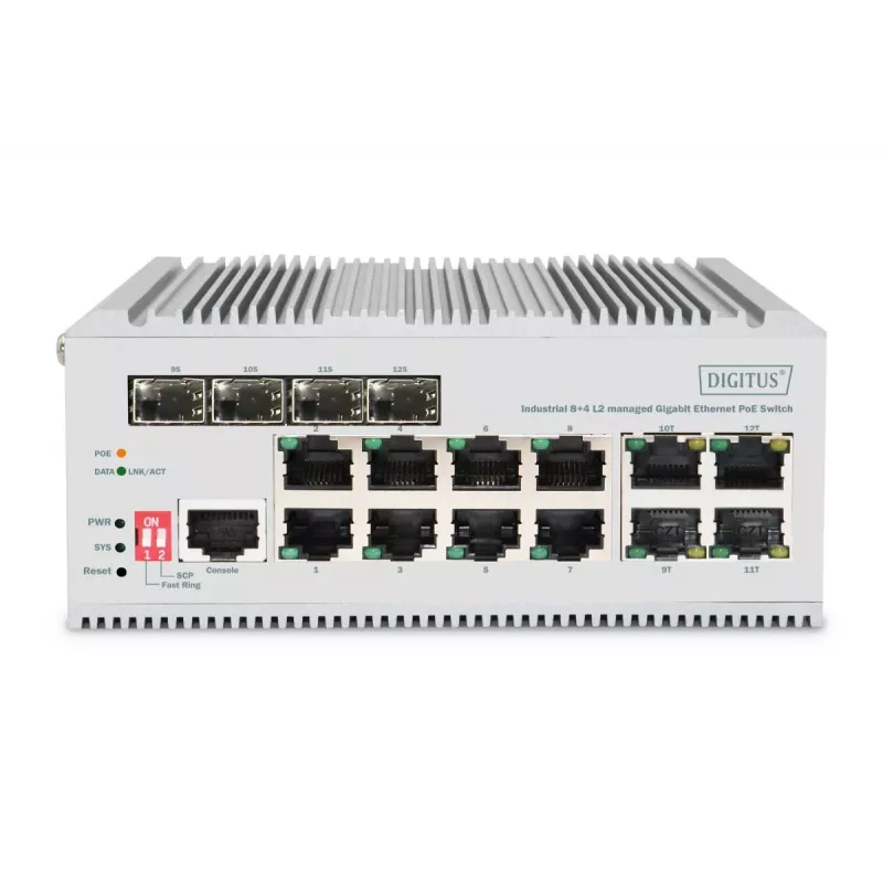 DIGITUS Gigabit Ethernet võrgu PoE lüliti – 8 porti tööstuslik, L2 hallatav, 4 SFP üleslingiga