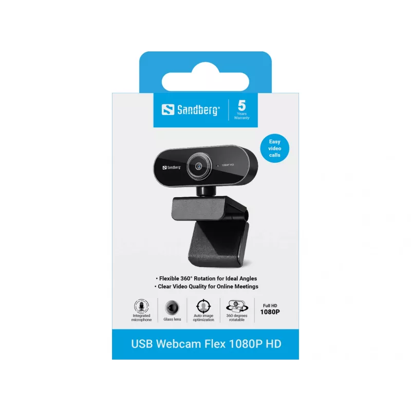 Sandberg USB veebikaamera Flex 1080P HD, 2 MP, 1920 x 1080 pikslit, Full HD, 30 kaadrit sekundis, USB, must