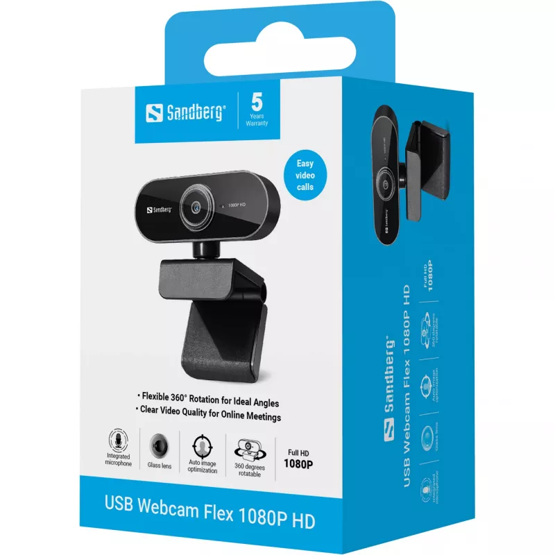 Sandberg USB veebikaamera Flex 1080P HD, 2 MP, 1920 x 1080 pikslit, Full HD, 30 kaadrit sekundis, USB, must