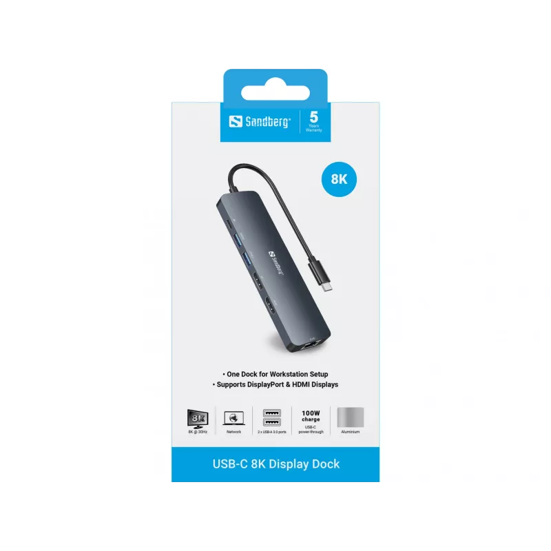 Sandberg USB-C 8K Display Dock USB 3.2 Gen 1 USB-C 100W toiteedastus