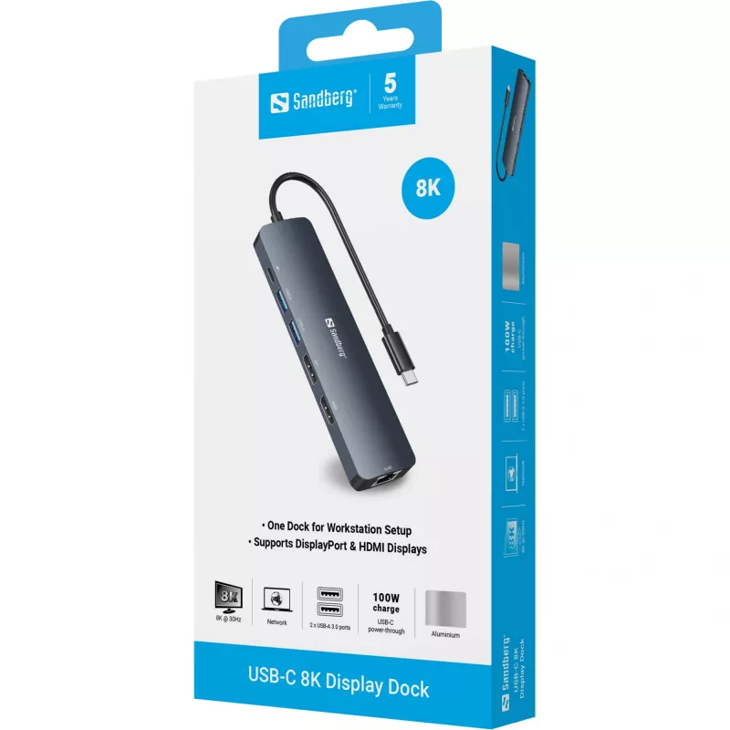 Sandberg USB-C 8K Display Dock USB 3.2 Gen 1 USB-C 100W toiteedastus