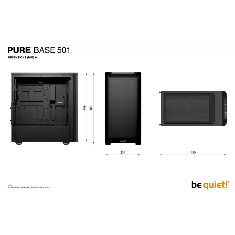 PC case bequiet! PURE BASE 501 Airflow Window MIDI Tower — ATX, karastatud klaas, 3x140/240mm tugi, 2x3,5 tolli + 5x2,5 tolli, USB-A x2, USB-C x1