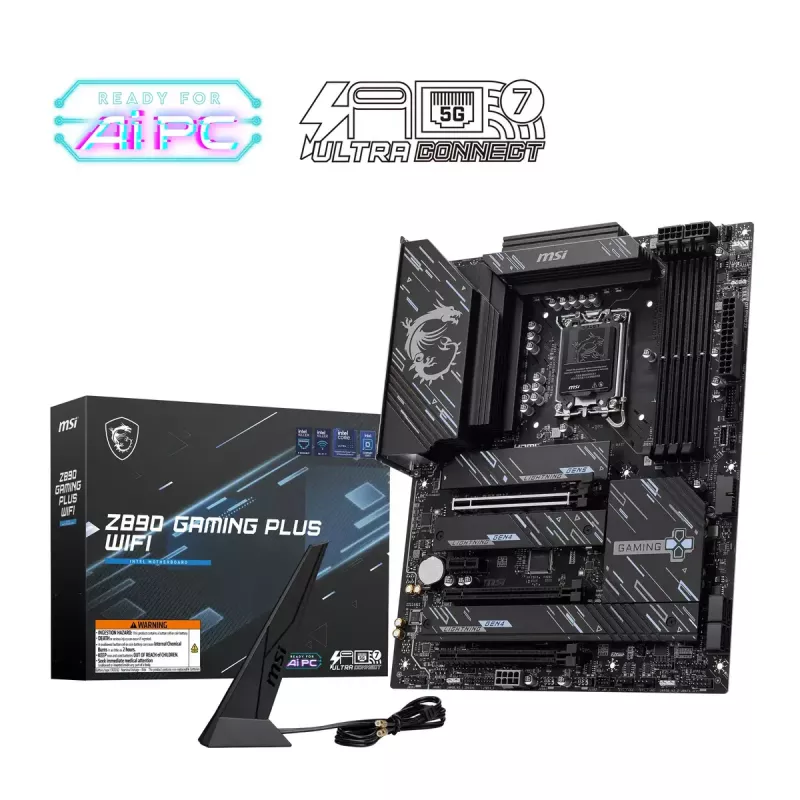 MSI Z890 GAMING PLUS WIFI emaplaat — Intel Z890, LGA 1851, ATX, DDR5, 4x DIMM, Wi‑Fi 7, 5Gb LAN, 4x M.2