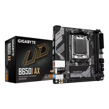 GIGABYTE B650I AX emaplaat - AMD Ryzen 9000 seeria protsessoritele, 5+2+1 faasi VRM, kuni 6400MHz DDR5 (OC), 1xPCIe 4.0 M.2, 2.5GbE LAN, WIFI 6E, USB 3.2 Gen 2