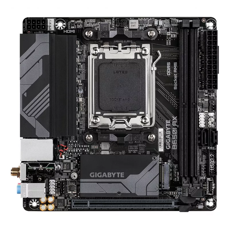 GIGABYTE B650I AX emaplaat - AMD Ryzen 9000 seeria protsessoritele, 5+2+1 faasi VRM, kuni 6400MHz DDR5 (OC), 1xPCIe 4.0 M.2, 2.5GbE LAN, WIFI 6E, USB 3.2 Gen 2
