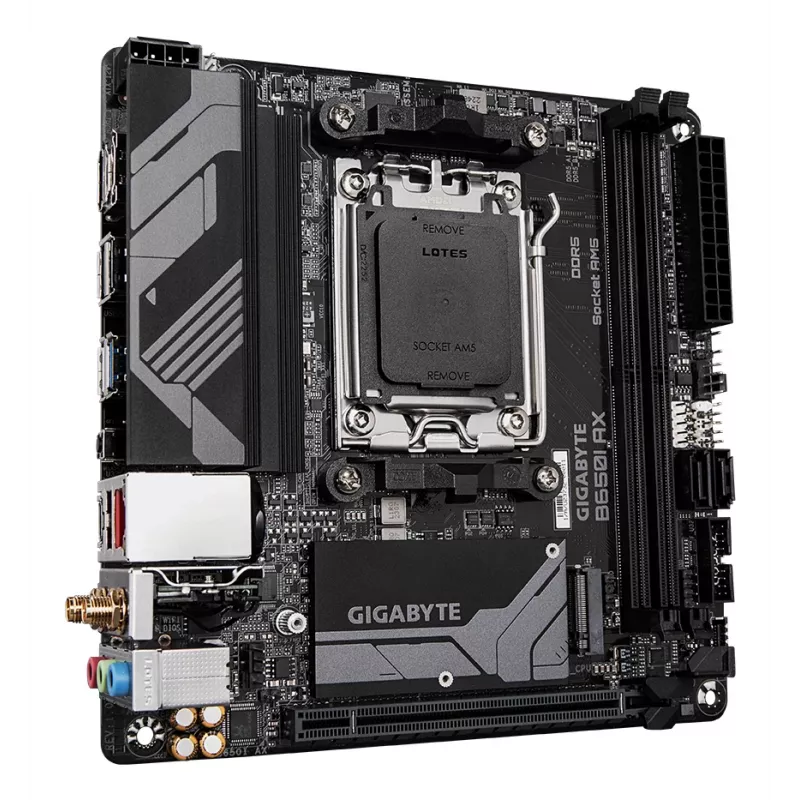GIGABYTE B650I AX emaplaat - AMD Ryzen 9000 seeria protsessoritele, 5+2+1 faasi VRM, kuni 6400MHz DDR5 (OC), 1xPCIe 4.0 M.2, 2.5GbE LAN, WIFI 6E, USB 3.2 Gen 2