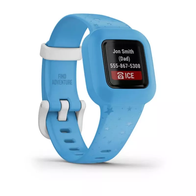 Käeaktiivsusmonitor GARMIN vivofit jr. 3 — silikoonriba, sinised tähed, 5 ATM, MIP 112×112, CR1632 aku (365 päeva)