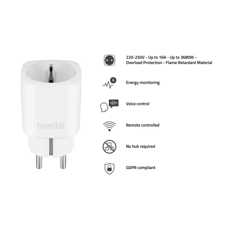 Nutipistik Hombli Smart Socket EU tootjalt Avanca International BV — Wi‑Fi, 220–250 V, 50–60 Hz, max 3540 W, siseruumides, valge, plastist, 46×46×84 mm
