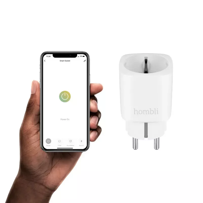 Nutipistik Hombli Smart Socket EU tootjalt Avanca International BV — Wi‑Fi, 220–250 V, 50–60 Hz, max 3540 W, siseruumides, valge, plastist, 46×46×84 mm