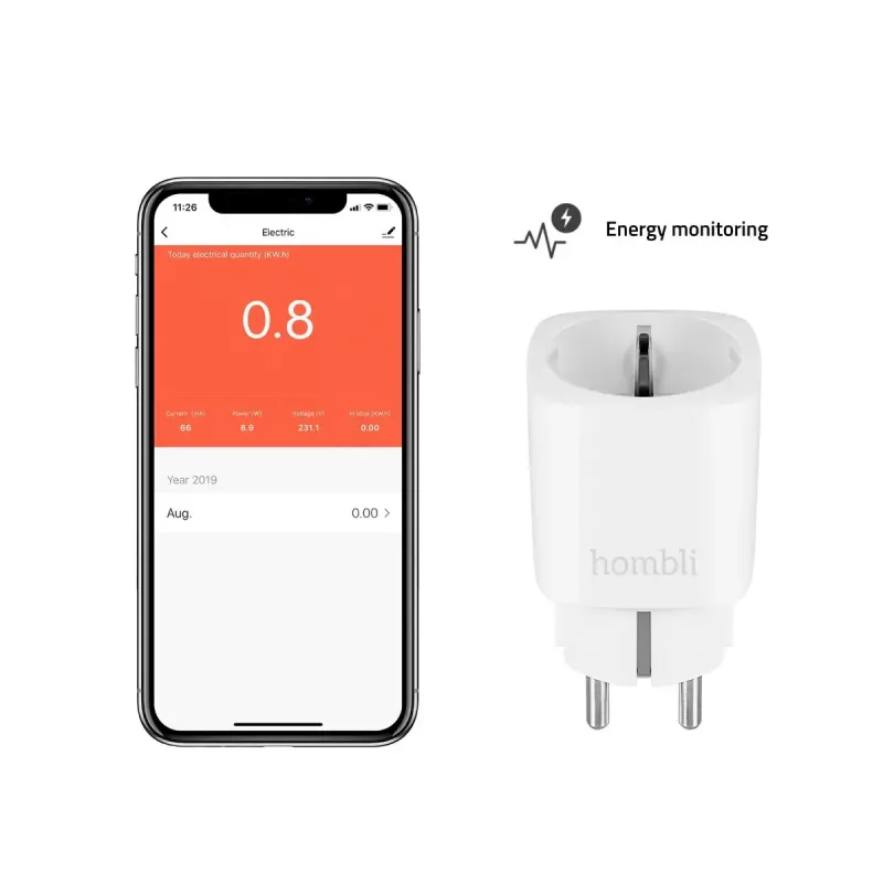 Nutipistik Hombli Smart Socket EU tootjalt Avanca International BV — Wi‑Fi, 220–250 V, 50–60 Hz, max 3540 W, siseruumides, valge, plastist, 46×46×84 mm