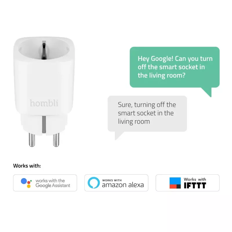 Nutipistik Hombli Smart Socket EU tootjalt Avanca International BV — Wi‑Fi, 220–250 V, 50–60 Hz, max 3540 W, siseruumides, valge, plastist, 46×46×84 mm