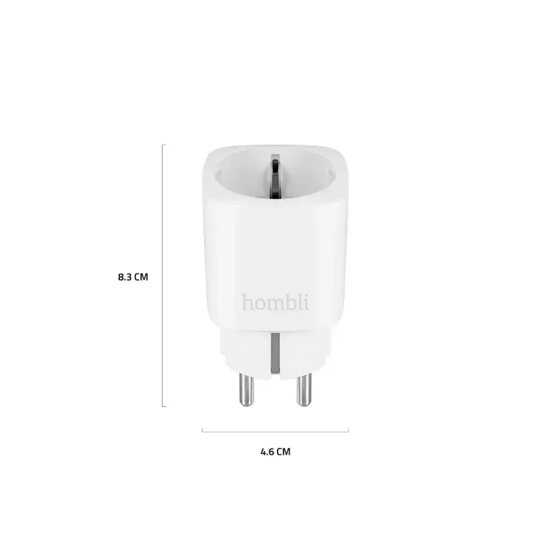 Nutipistik Hombli Smart Socket EU tootjalt Avanca International BV — Wi‑Fi, 220–250 V, 50–60 Hz, max 3540 W, siseruumides, valge, plastist, 46×46×84 mm
