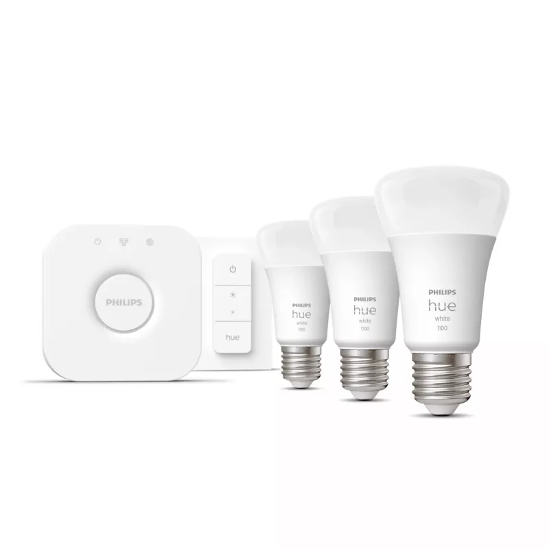 Philips Hue White algkomplekt: 3 E27 nutipirni (1100) + hämarduslüliti