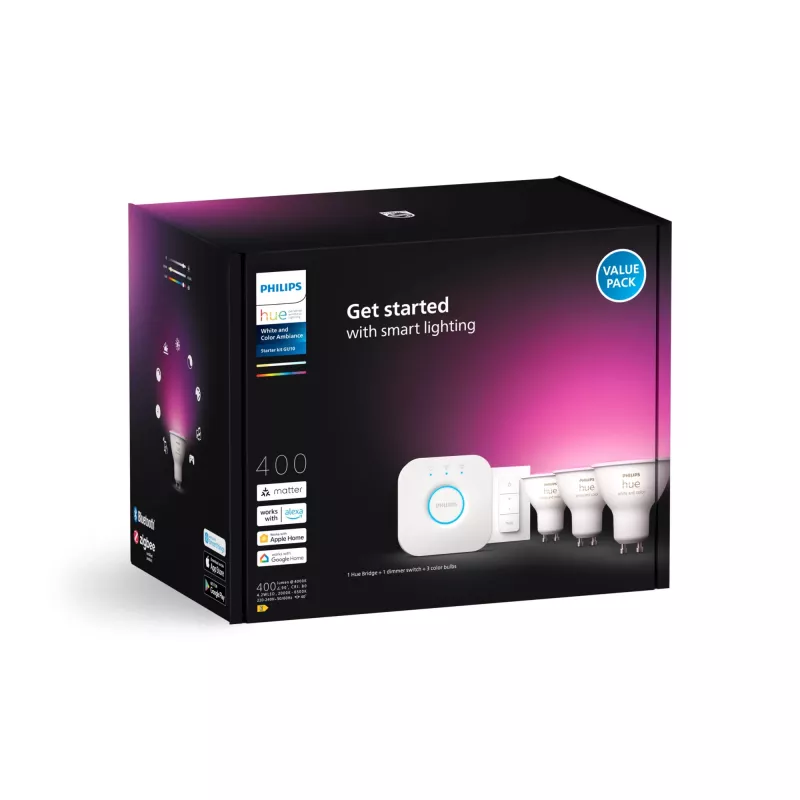 Philips Hue Valge and colour ambience Stardikomplekt: 3 GU10 nutikat prožektorit + dimmeri lüliti