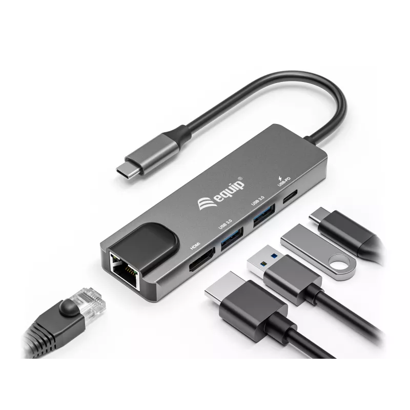 Equip USB-C 5 in1 multifunktsionaalne adapter, HDMI, Gigabit LAN, USB 3.2 GEN1, 100W USB PD