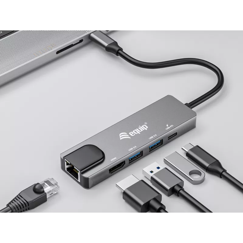Equip USB-C 5 in1 multifunktsionaalne adapter, HDMI, Gigabit LAN, USB 3.2 GEN1, 100W USB PD