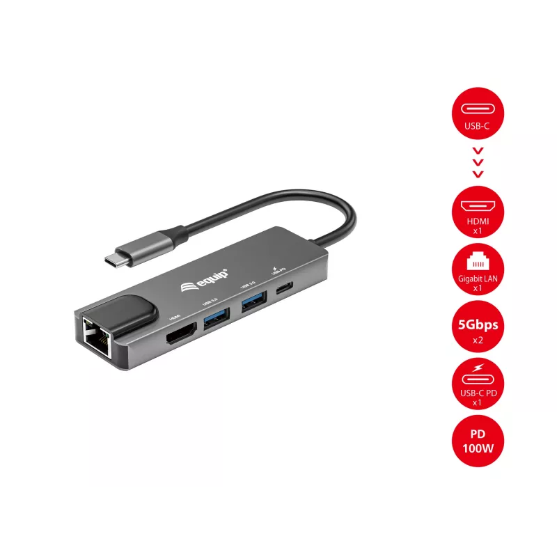 Equip USB-C 5 in1 multifunktsionaalne adapter, HDMI, Gigabit LAN, USB 3.2 GEN1, 100W USB PD
