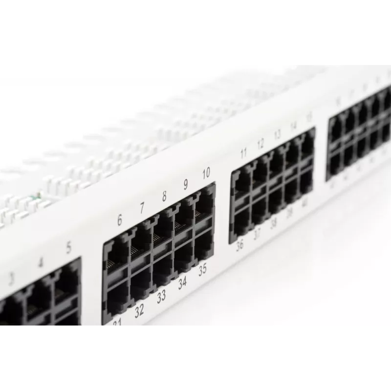 DIGITUS CAT 3 ISDN patch-paneel, varjestamata, 50 porti RJ45, 8P4C, LSA, 1U, rack-paigaldus, värvus hall RAL 7035