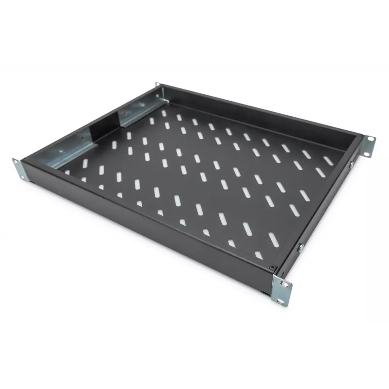 DIGITUS 1U fikseeritud riiul, reguleeritav 600 mm sügavusega kappidele, 350 mm sügavus, värv must (RAL 9005)