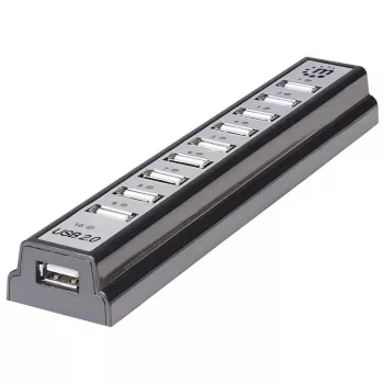 Manhattan USB-A 10 pordiga lauajaotur, 10x USB-A porti, 480 Mbps (USB 2.0), toitega USB või välise toiteallika kaudu (ei kuulu komplekti) ühendatud seadmete suurema võimsuse tagamiseks