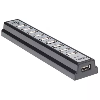 Manhattan USB-A 10 pordiga lauajaotur, 10x USB-A porti, 480 Mbps (USB 2.0), toitega USB või välise toiteallika kaudu (ei kuulu komplekti) ühendatud seadmete suurema võimsuse tagamiseks