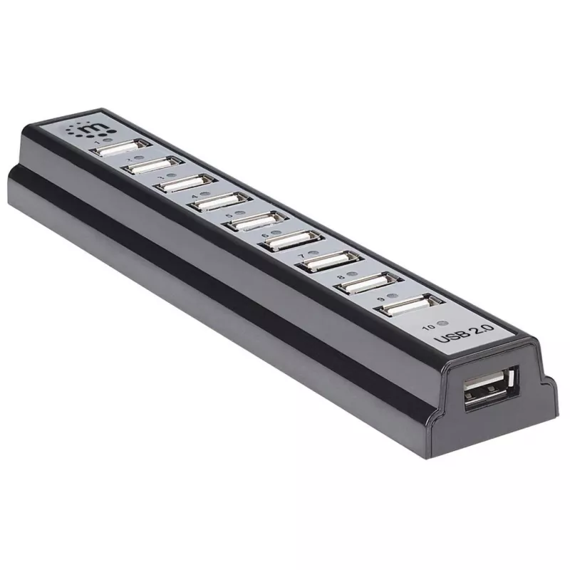 Manhattan USB-A 10 pordiga lauajaotur, 10x USB-A porti, 480 Mbps (USB 2.0), toitega USB või välise toiteallika kaudu (ei kuulu komplekti) ühendatud seadmete suurema võimsuse tagamiseks